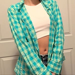 faded glory blue/green button down shirt